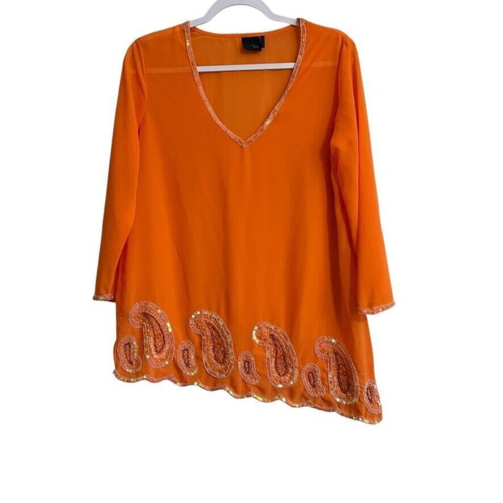 Tco. Long Sleeve V Neck Blouse Women's M Orange Sheer Lightweight Boho‎ Beaded
